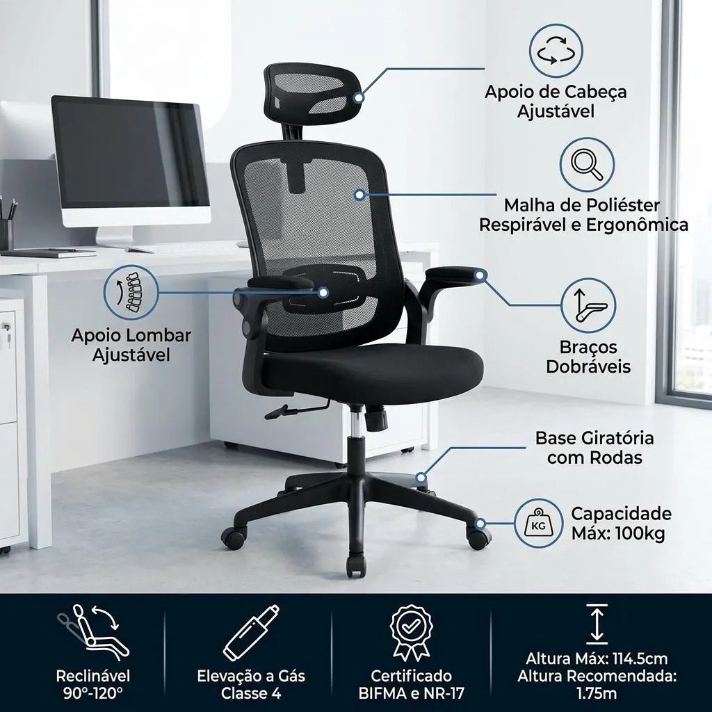 Detalhes e mapeamento anatômico da cadeira Elements Vertta Pro